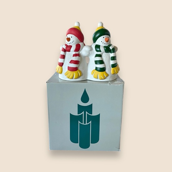 PARTYLITE Retired P0476 Ceramic Snowmen Pillar Candle Holder Original Box - Picture 1 of 11